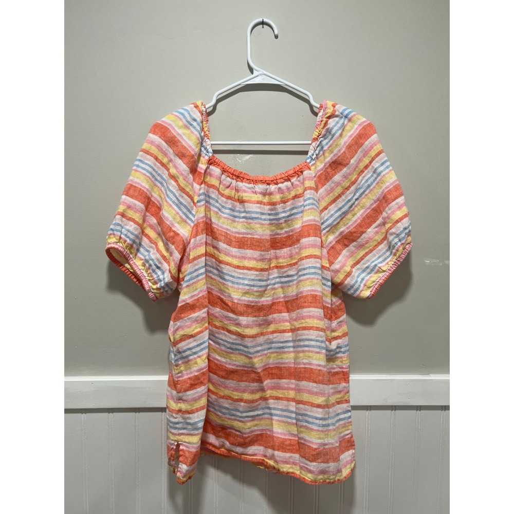 Talbots Puffy Short Sleeve Blouse Stripes Linen Multi-colored Women Size Large - Picture 5 of 5
